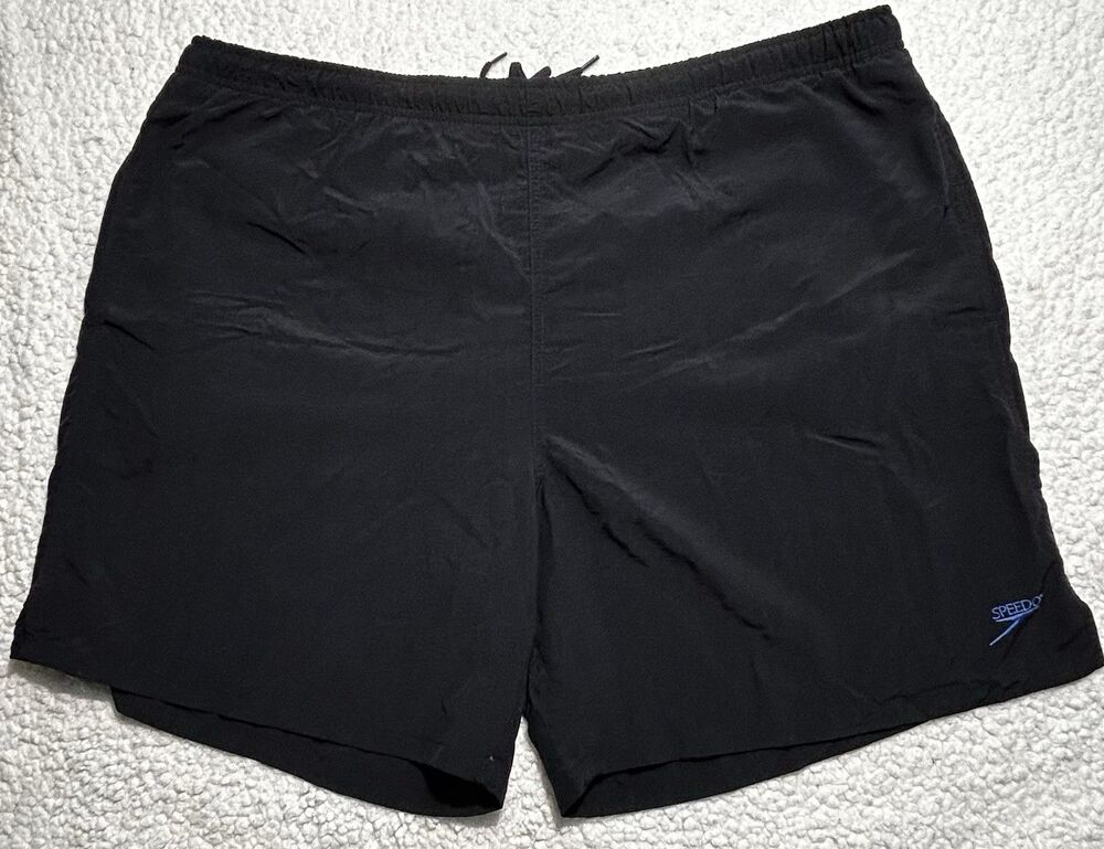 Vintage 90s Speedo Mens Swim Trunks XL Black Big Logo Spell Out Mesh Liner Swim